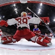 COLOGNE, GERMANY - MAY 11: Denmark's George Sorensen #39 reaches across in attempt to make the save during preliminary round action against Russia at the 2017 IIHF Ice Hockey World Championship. (Photo by Andre Ringuette/HHOF-IIHF Images)

